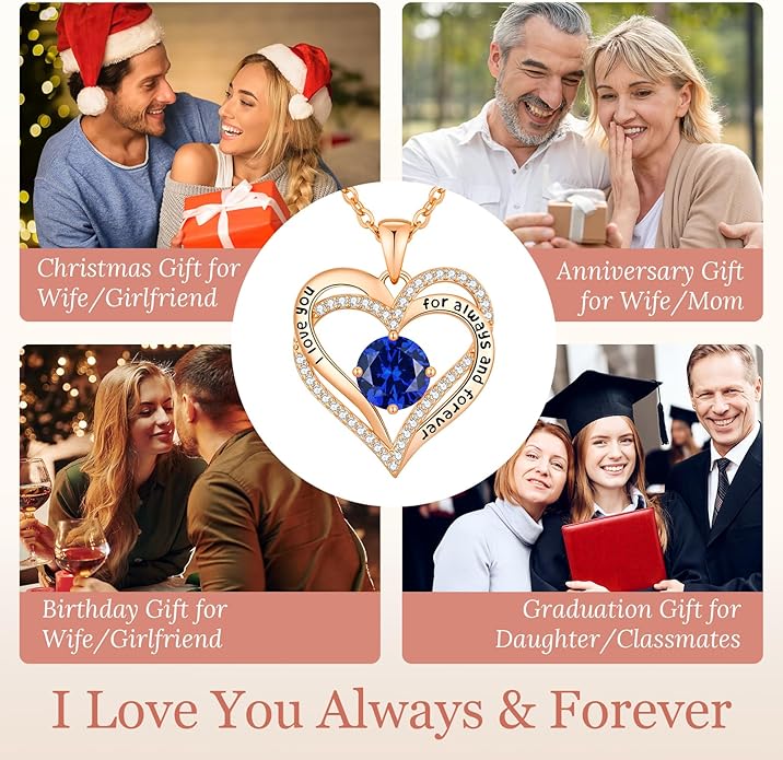 CDE Forever Love Heart Necklaces for Women, Wedding Anniversary, Birthday Mothers Day Christmas Day Gifts for Mom, Mother, Wife, friend, S925 Silver Jewelry with Birthstone Pendant