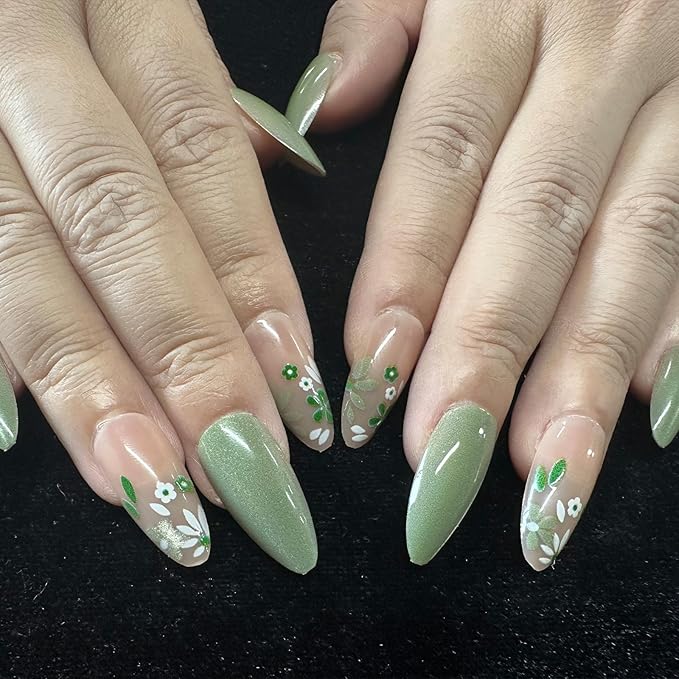 JONKASIPA 24 Pcs Almond Shape Press-On Nails Spring Cute Acrylic Nails, Artificial Gloss Full Coverage Light Green Fake Nails for Women and Girls Nail Decoration