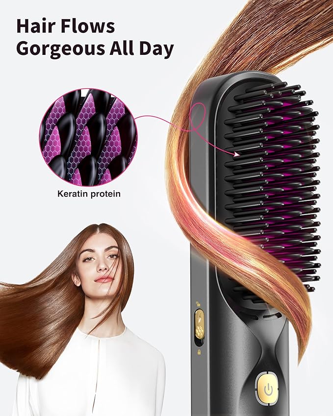 Cordless Hair Straightener Brush - Portable Hair Brush for Travel - 30s Fast Heating - 300 Million Negative Ions for Frizz-Free Shine,Touch Up On-The-Go,Gift for Women,10000mAh