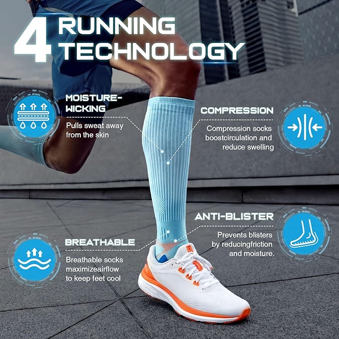 Rahhint Coolmax 20-30 mmHg Compression Running Socks, Long Distance Anti Blister Cushion Moisture Wicking Tall Athletic Socks