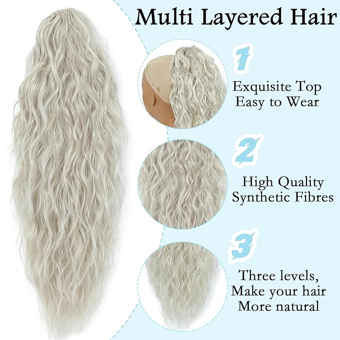 Ponytail Extension, Claw Clip on Pony tails Hair Extension for Women 22 Inch Long Wavy Curly Fake Ponytail Clip in Hair Pieces for Women Fluffy Natural Looking (Off-white, 22 Inch)