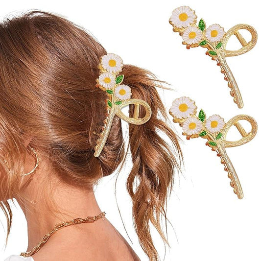 Large Metal Daisy Flower Hair Clips for Women - 2Pcs Sparkly Non-Slip Butterfly Jaw Clips for Strong Hold