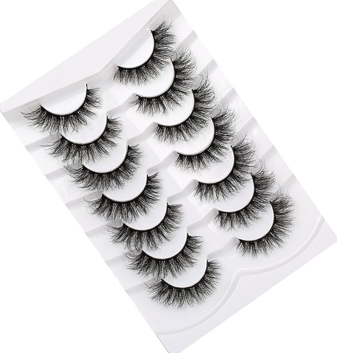 Pooplunch Cat Eye Lashes False Eyelashes Volume Thick Crossed 16MM Wispy Curly Fluttery Faux Mink Lashes 8D Fake Eyelash Strips 7 Pairs Pack