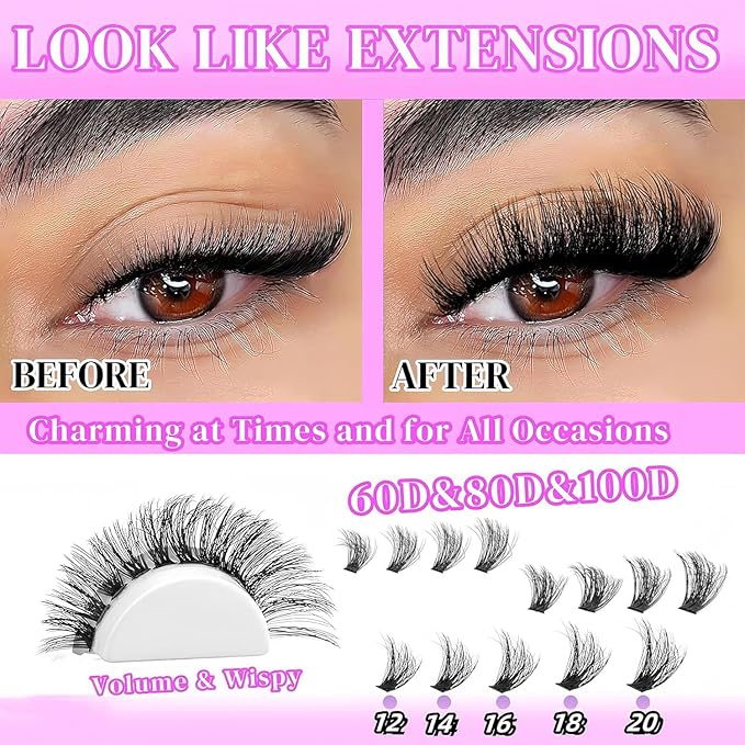 YIDUO Lash Clusters Kit with 2X Bond&Seal 3 Styles 760Pcs Clusters Lashes Extension Volume Soft Eyelash Extension Kit 80D+100D D Curl Wispy Natural DIY Individual Lash Clusters Kit Box for Beginners