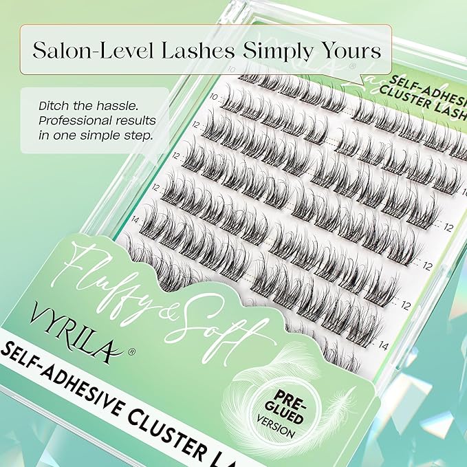 VYRILA Self-Adhesive Lash Cluster Kit, Pre-Glued Clusters with Tweezers, Pop-On Faux Eyelashes, 3D Thin Band D Curl Natural Look Lahses, Easy to Apply, Reusable Eyelash Extensions (Charm-10-16-Kit)