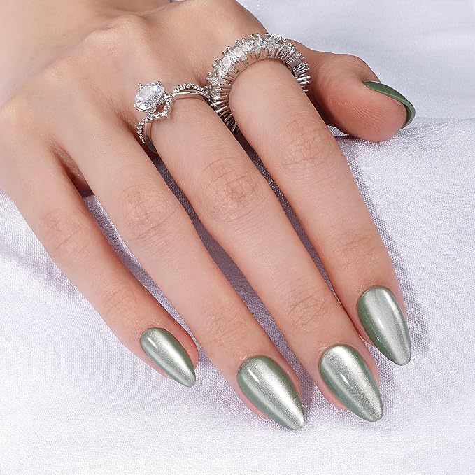 Canvalite Press On Nails Short Almond, 30Pcs Cat Eye Press on Nails Reusable Acrylic Fake Nails with Glue & Glue Remover Easy to Use Manicure Kit for Women, Green