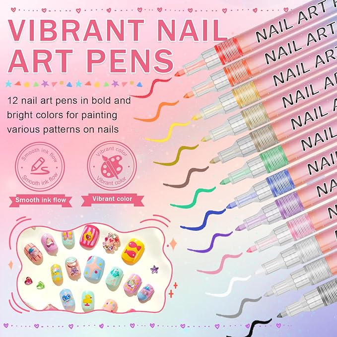 IONSGAKO 12 Colors Nail Art Pens Set, Nail Polish Pens for Nail Art Quick Drying 3D Acrylic Paint Markers for Painting Dotting Liner Pen Nail Salon DIY Design Kit 0.7mm