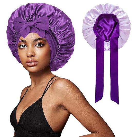 vidsel Bonnet with Tie Band, Hair Care Satin Silk Bonnet for Sleeping Women, Silky Sleep Bonnets for Women, Reversible Double Layer Sleep Cap for Curly Hair Braids
