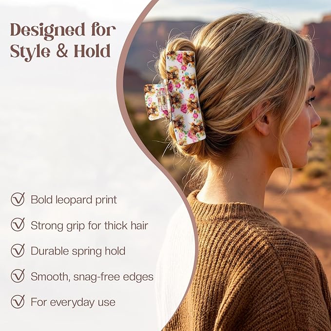 Medium Hair Claw Clip for Women, Highland Cow Floral Print Hair Clip, Strong Hold Non-Slip Jaw Clamp for Thick & Thin Hair, Cute Farm Animal Hair Accessory for Daily Wear, Parties, Travel