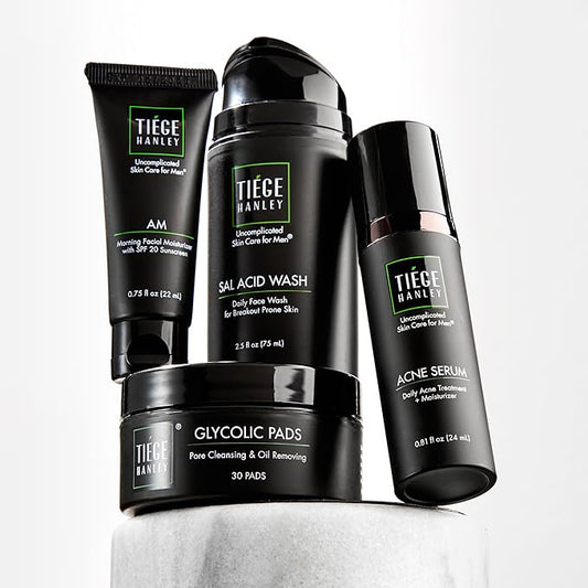 Tiege Hanley Acne Treatment Skin Care Set for Men, System Level 2, Tiegeclear Advanced Routine With Salicylic Acid Wash, Glycolic Acid Pads, Serum & Daily Moisturizer, Men’s Skin Care, 4 Piece Kit