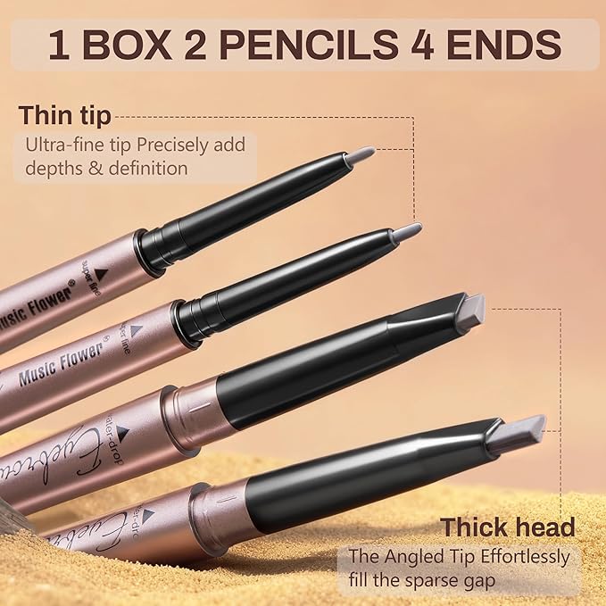 2 Pack Eyebrow Pencil, Waterproof Eyebrow Makeup with Dual Ends, Professional Brow Enhancing Kit with Eyebrow Brush, Khaki Coffee