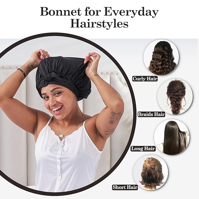 Tie Band Silk Satin Bonnet for Sleeping Hair: Women Sleep Night Wrap Cap for Straight Wavy Curly Coily Kinky Natural Hair Head - Black