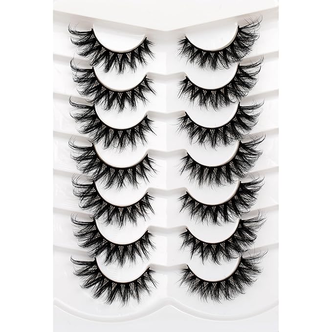 Pooplunch False Eyelashes Cat Eye Look 8D Crossed Wispy Natural Volume Faux Mink Lashes Fake Eyelashes Strips 7 Pairs Pack