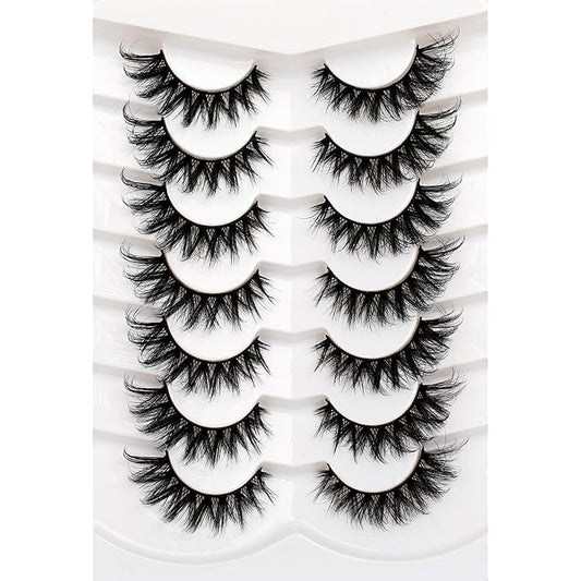 Pooplunch False Eyelashes Cat Eye Look 8D Crossed Wispy Natural Volume Faux Mink Lashes Fake Eyelashes Strips 7 Pairs Pack