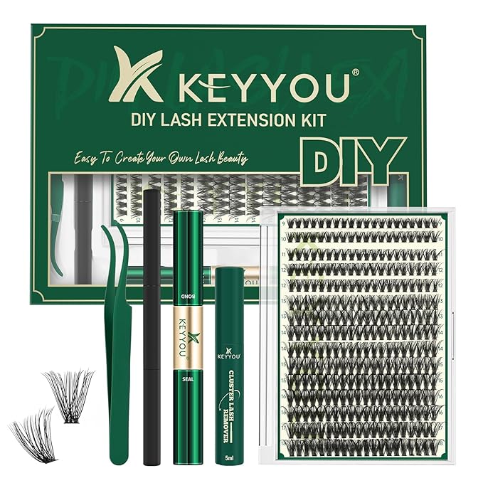 KEYYOU Lash Extension Kit DIY 300Pcs Lash Clusters Eyelash Extension Kit 50D C Curl 9-18MIX Lash Clusters Kit with Lash Glue Remover Applicator Easy to Use for Beginners(Kit,50D-C,9-18MIX)