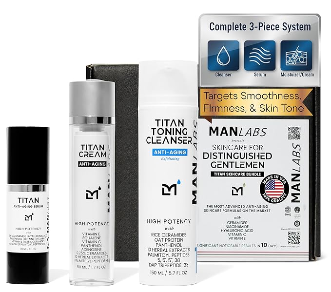 Man Labs Titan Anti-Aging Mens Skin Care Kit – Cleanser, Face Serum for Men, Face Moisturizer – Skin Care for Men – Dark Spots, Wrinkles, Fine Lines – Vitamin C, Niacinamide, Ceramides, HA – Unscented