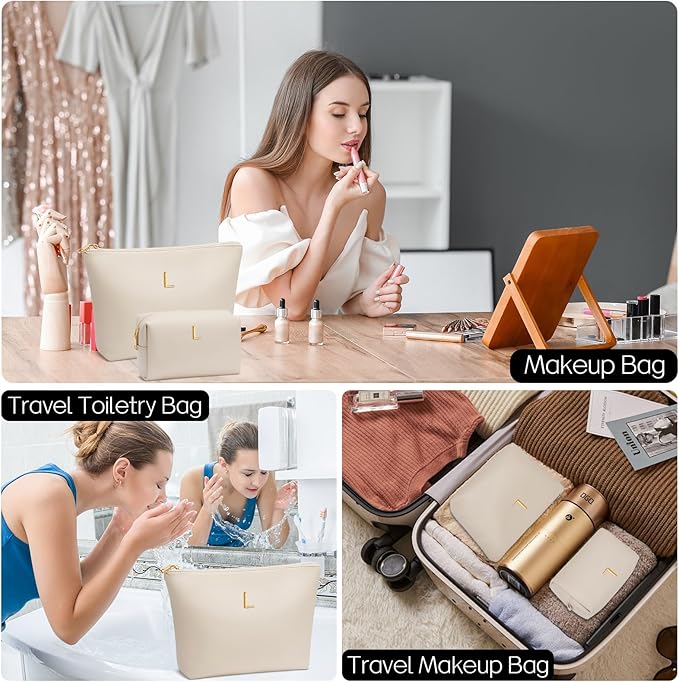 Valentine's Day Gifts for Women Girlfriend Initial Makeup Bag for Teen Girls Personalized Gifts for Friend Teacher Mom Wife Cosmetic Travel Toiletry Bag(Beige,L)