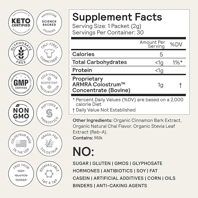 ARMRA Colostrum Powder | Arctic Chai | Gut Health & Bloating | Skin & Hair | Immunity | Keto, Gluten & Fat-Free | 30 Servings