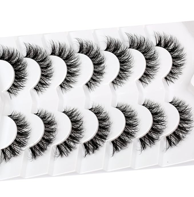 Pooplunch False Eyelashes Wispy Cat Eye Lashes Natural Short 8D Faux Mink Lashes Fake Eyelashes Strips 7 Pairs Pack
