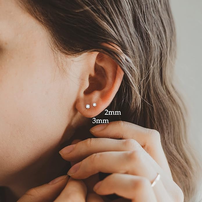 Fansilver 20G Hypoallergenic Flat Back Earrings for Women Men Silver 14K Gold Stainless Steel Stud Earrings Brithstone Cubic Zirconia Studs Surgical Steel Cartilage Earrings for Sensitive Ears