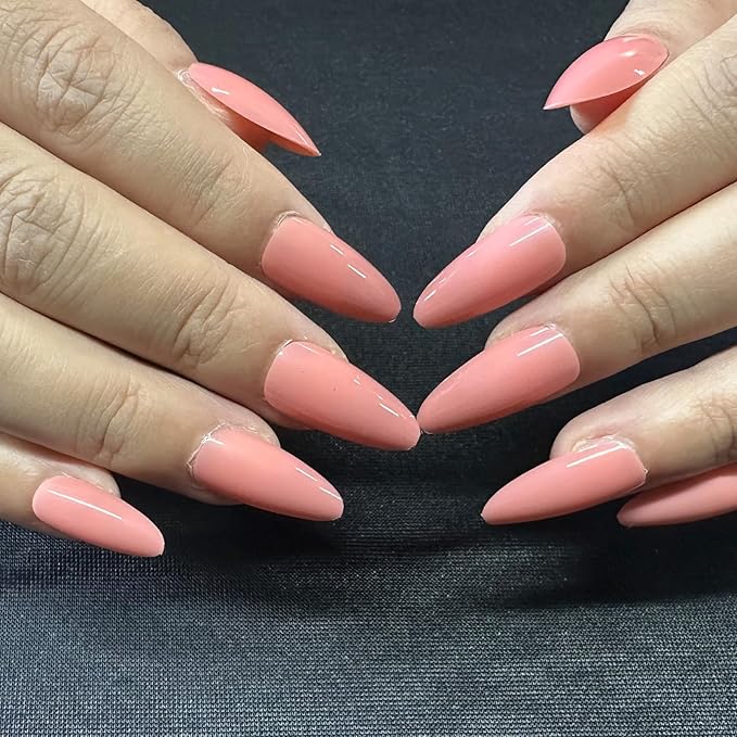JONKASIPA Pink Pressed Gel Nails French Almond Shaped False Nails, Reusable Feminine Nail Art - Set of 24 Pcs Medium Nails