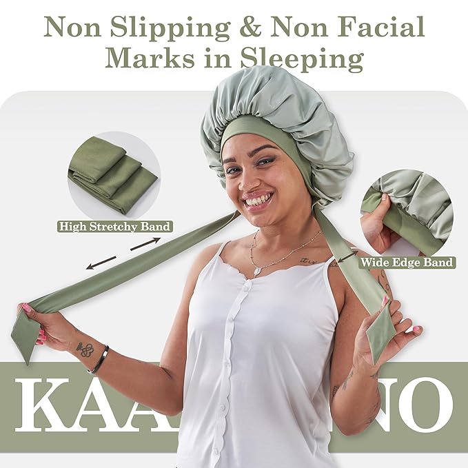Tie Band Silk Satin Bonnet for Sleeping Hair: Women Sleep Night Wrap Cap for Straight Wavy Curly Coily Kinky Natural Hair Head - Matcha Green