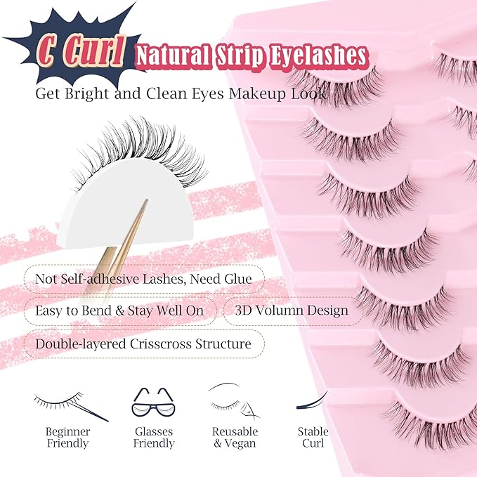 Siligli Eyelashes Natural False Lashes 14mm Eye Lashes with Thin Band 3D Volume Fake Eyelashes C Curl Wispy Lashes Natural Look 7 Pair