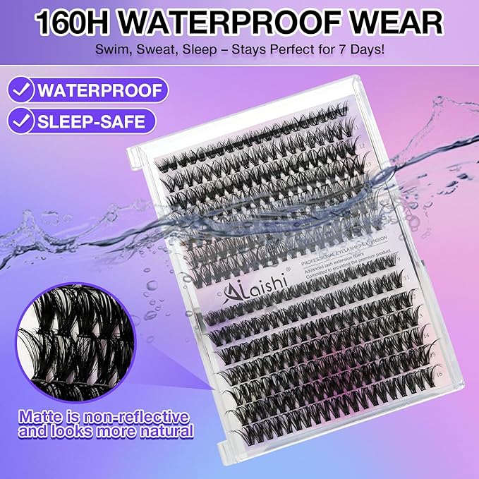 AILAISHI Lash Clusters Kit, DIY Cluster Eyelash Extensions 9‑16mm, 40D+50D, 280pcs Fluffy D Curl Natural Lashes with Bond & Seal,Remover,Tweezers,Brush–Fake Cat Eye Wispy Individual Clusters