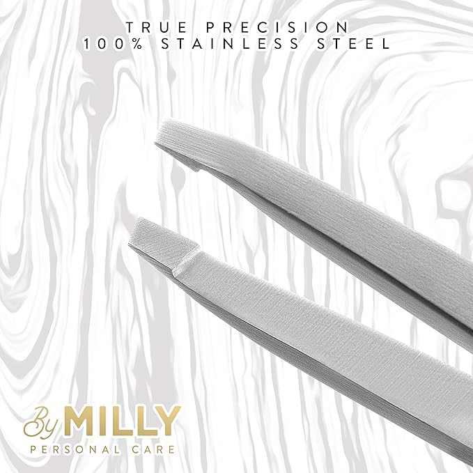 By MILLY Professional Slanted Tweezers for Women & Men | High Carbon Stainless Steel Sharp Tweezer | Tweezers for Women Facial Hair Plucking, Hand-Filed & Aligned Precision Slant Tips - Silver