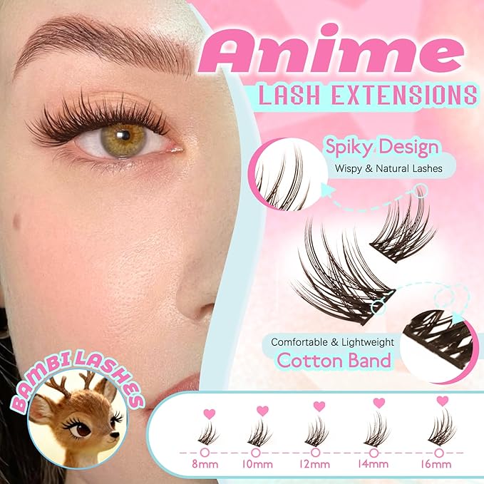 Lash Clusters Spiky Brown Manga Lash Clusters Looks Like Eyelash Extensions 144Pcs 8-16MM C Curl Dark Brown Doll Anime Cluser Lashes Thin Band Soft Doe Eyed Individual Lashes (Lavender-Brown)