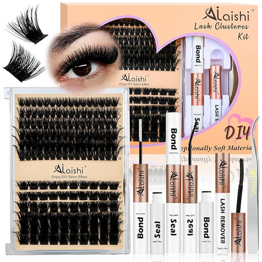 AILAISHI Lash Clusters Kit, DIY Cluster Eyelash Extensions 10‑20mm, 100D+200D, 156pcs Fluffy D Curl Natural Lashes with Bond & Seal,Remover,Tweezers – Fake Cat Eye Individual Clusters