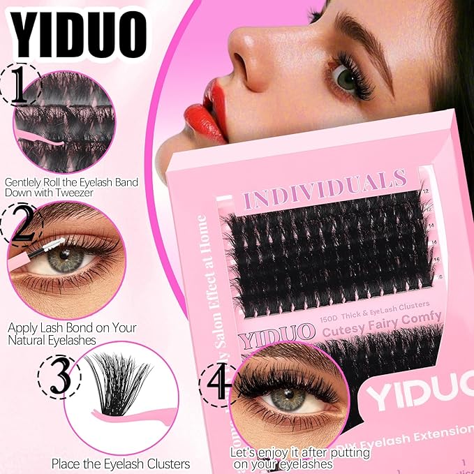 YIDUO Lashes Clusters Kit 150D 12-22MM D Curl Volume Wispy EyeLash Extensions Kit 180pcs Thick Individual DIY false eyelashes Extension with Bond and Seal |Tweezers |Removers |Eyelash Brush