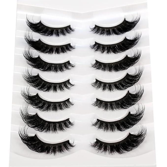 Pooplunch False Eyelashes Cat Eye Lashes Winged Look 18MM Fluttery Volume Dramatic Crossed Wispy Fake Eyelash 8D Natural Faux Mink Lashes Strips 7 Pairs Pack