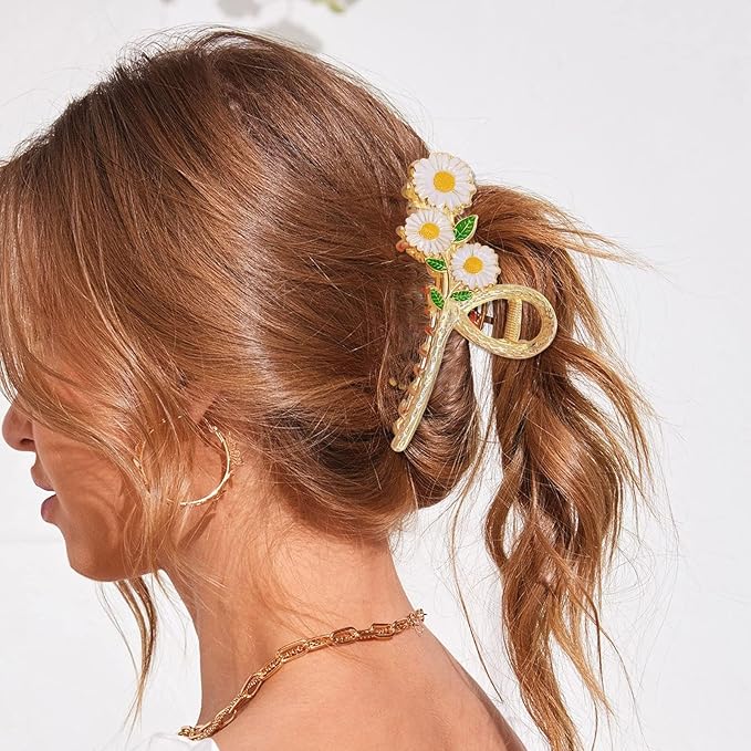 Large Metal Daisy Flower Hair Clips for Women - 2Pcs Sparkly Non-Slip Butterfly Jaw Clips for Strong Hold
