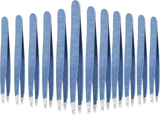 Mudder 12 Pcs Eyebrow Tweezers Set for Facial Hair Stainless Steel Slanted Tip Tweezers in Bulk for Men and Women (Sky Blue)
