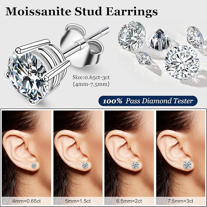 Tunzug Moissanite Stud Earrings DF Color Brilliant Round Cut Lab-Made Moissanite Earrings 18K Gold Plated 925 Sterling Silver Friction Base Stud Earrings for Men Women