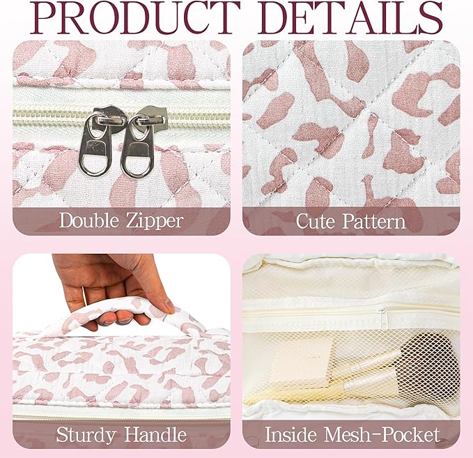 3Pcs Quilted Makeup Bag for Women, Large Travel Makeup Bag Set, Cute Aesthetic Cosmetic Bags, Floral Cotton Makeup Pouch Coquette Toiletry Organizer Bag