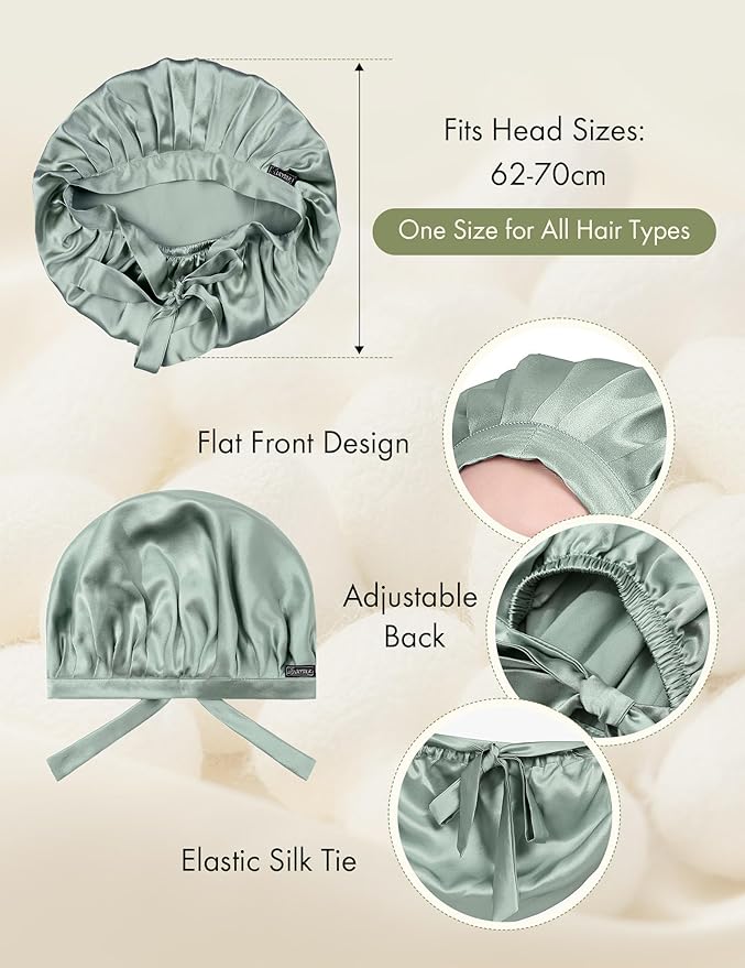 LilySilk 100% Mulberry Silk Bonnet Flat Front Silk Night Sleep Cap Adjustable Hair Wrap for Sleeping, Avocado Green
