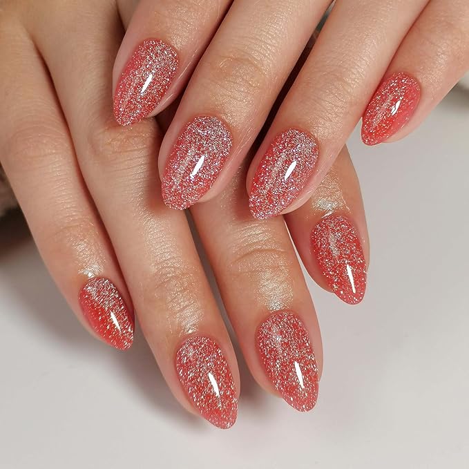 SHANGMENG Glitter Red Press on Nails Almond with Sparkling Diamond - Soft Gel Fake Nails Short with Glue, Glossy Glue On Nails for Women Gift in 16 Sizes - 32 Reusable Nails, Starlight Red Orange