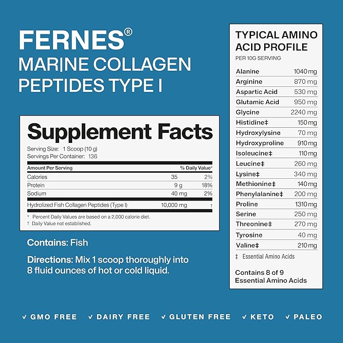 Fernes Marine Collagen Peptides for Women Men (3LB) Fish Type I Flavorless & Odorless Easy-Mix Hydrolyzed Protein Joint Hair Skin Wound Healing & Nail Support Gluten-Free Non-GMO Keto Paleo Kosher