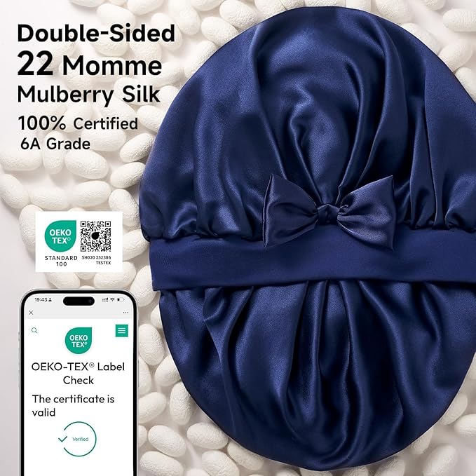 Double-Sided 22 Momme 100% Real Mulberry Silk Bonnet for Sleeping Women, Large Hair Care Bonnet for Long Curly Hair, Double Layer Silk Wrap with Soft Elastic Band, Non-Slip Sleep Cap, Navy Blue
