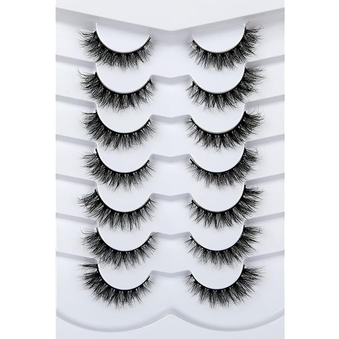 Pooplunch False Eyelashes Cat Eye Look Wispy Lashes Short Natural Crossed Extension Volume Fake Eyelashes 8D Faux Mink Strip Lashes 7 Pairs Pack