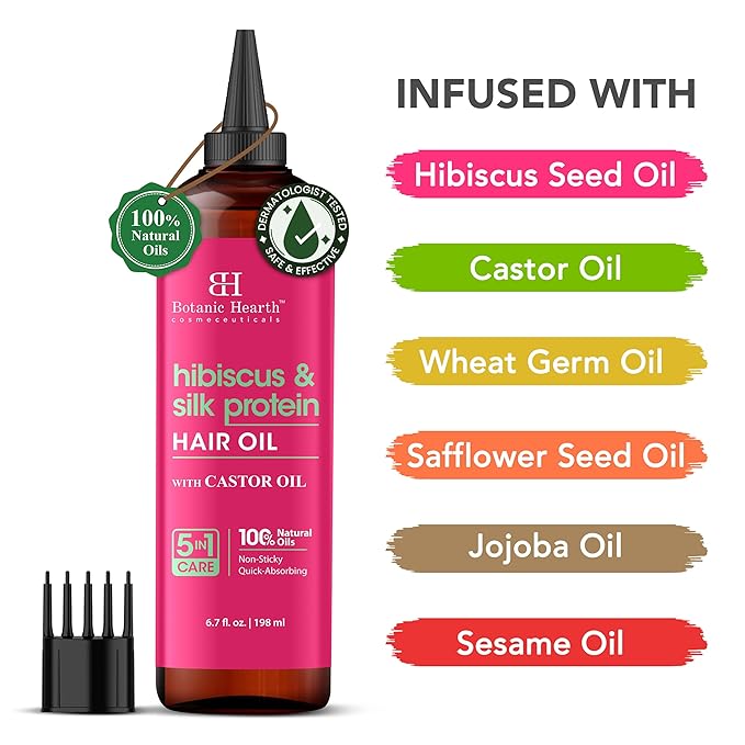 Botanic Hearth Hair Oil for Hair Growth & Hair Relaxer | Strengthening Dry, Frizzy, Damaged Hair & Scalp Treatment | Hibiscus Silk Protein Hair Oil – 6.7 Fl Oz