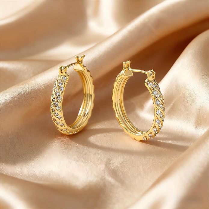 14K Gold Plated Hoop Earrings for Women 14K Gold Plated Earrings Jewelry Spiral Cubic Zirconia Thick Hoops Hypoallergenic Womens Huggie Earring 25/30MM