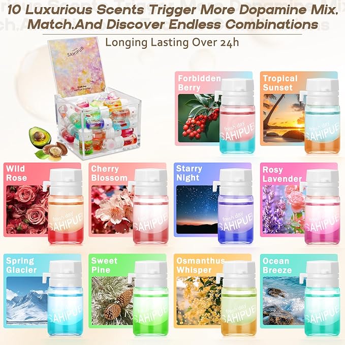 SAHIPUB Hair Perfume Oil, 40 Mini Bottles, 2-in-1 Leave-In Hair Serum, Argan & Avocado Oils + Amino Acids for Frizzy, Dry & Damaged Hair, Lightweight Non-Greasy, Long-Lasting Scent, 1.83 fl oz