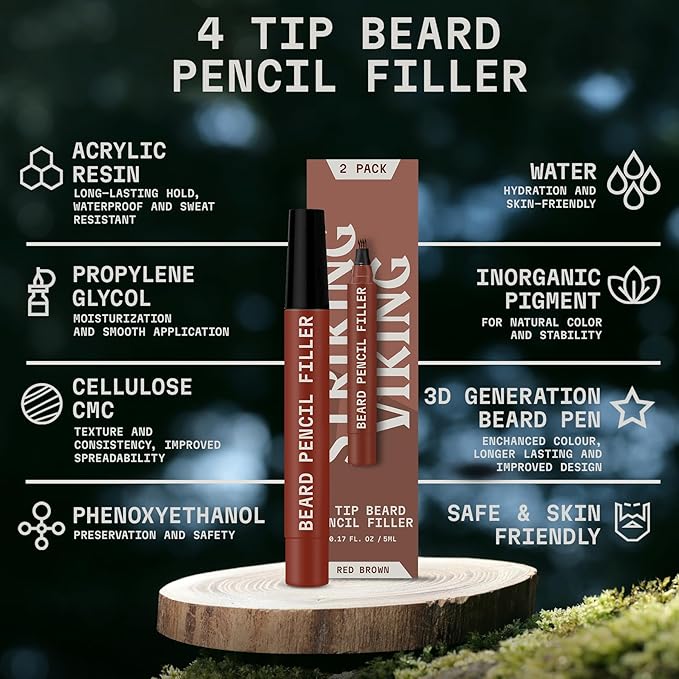 Striking Viking Beard Pencil Filler - Pack of 2, 0.09 fl oz, Red Brown - Precision Gap Filling & Beard Filler Pen - Waterproof, Long Lasting Wear - Quick & Easy Outline with Enhancement Pencil