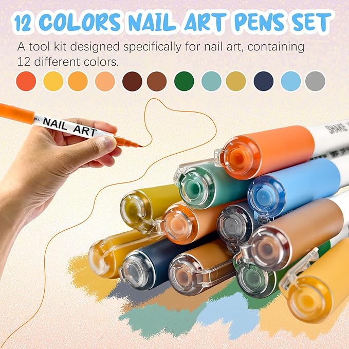 MKNZOME 12 Color Nail Art Pens for Painting Nails, 0.7 MM Nail Polish Pens Drawing Point Liner Acrylic Painted Pen Kit, Waterproof Quick-drying for DIY Design Manicure Tools Christmas Gifts