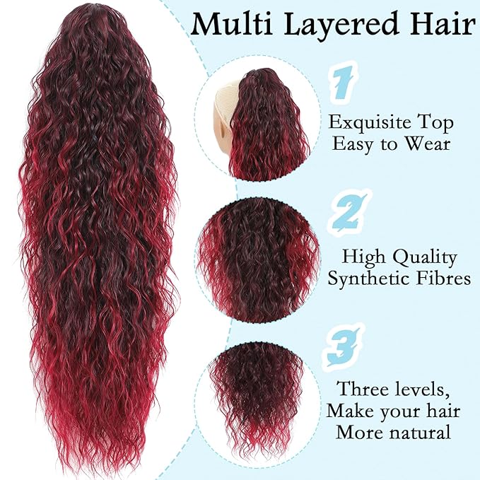 Ponytail Extension, Claw Clip on Pony tails Hair Extension for Women 22 Inch Long Wavy Curly Fake Ponytail Clip in Hair Pieces for Women Fluffy Natural Looking (Omber Burgundy, 22 Inch)