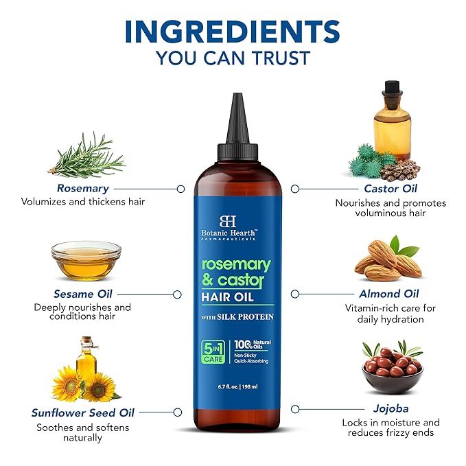 Botanic Hearth Hair Oil for Hair Growth & Hair Relaxer | Strengthening Dry, Frizzy, Damaged Hair & Scalp Treatment | Rosemary Castor Hair Oil – 6.7 Fl Oz