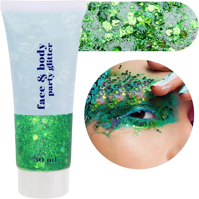 Green Body Glitter Gel,Festival Rave St Patricks Day Accessories Face Glitter for Face Body Hair,Alien Paint for Women Chunky Glitter Gel,Holographic Sequins for Carnival